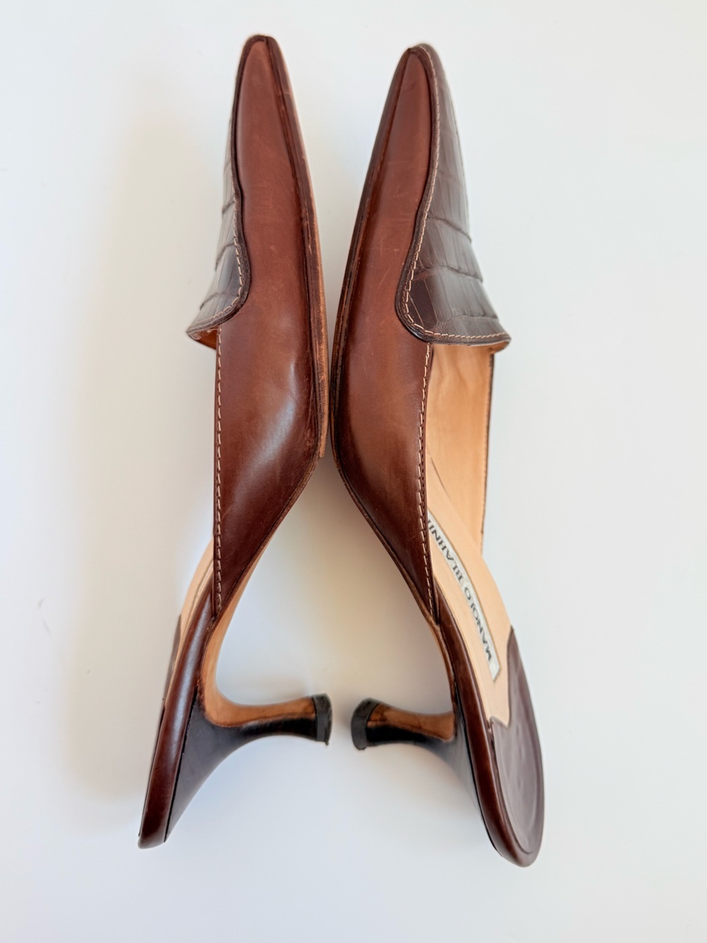 Vintage Manolo Blahnik Brown Croc Embossed Leather Mule Kitten Heels EU 38.5 - Picture 6 of 7